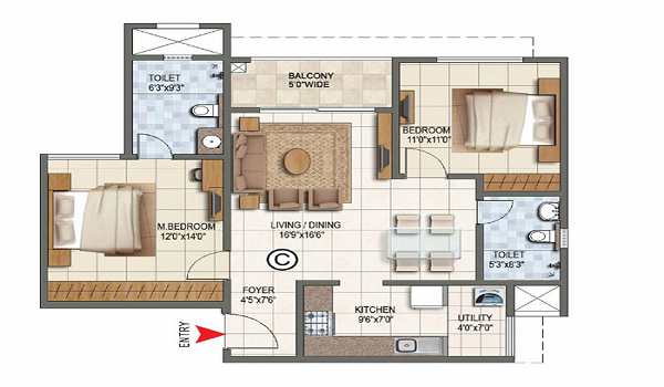 Prestige Raintree Park 2 BHK Floor Plan